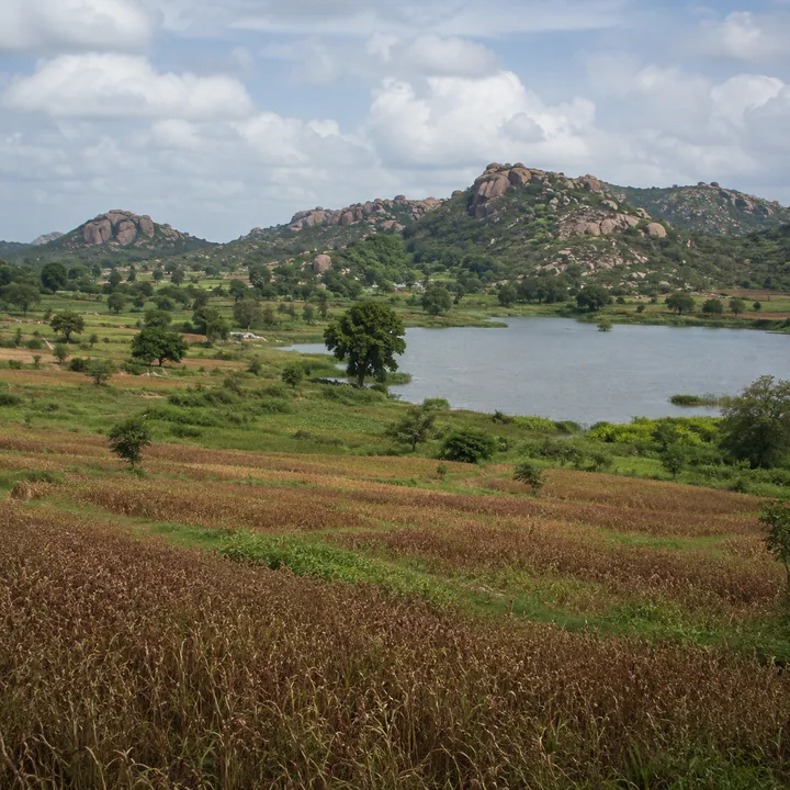 Godrej Plots Malur the tank-and-field country around Malur, with an irrigation tank and rocky outcrops